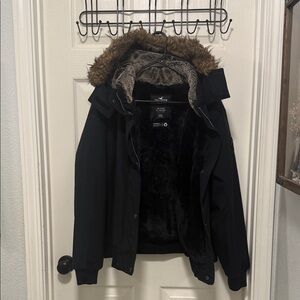 Hollister Black Puffer Jacket with Brown Faux Fur Hood